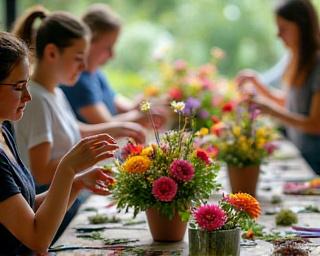 Students creating floral arrangements in workshop